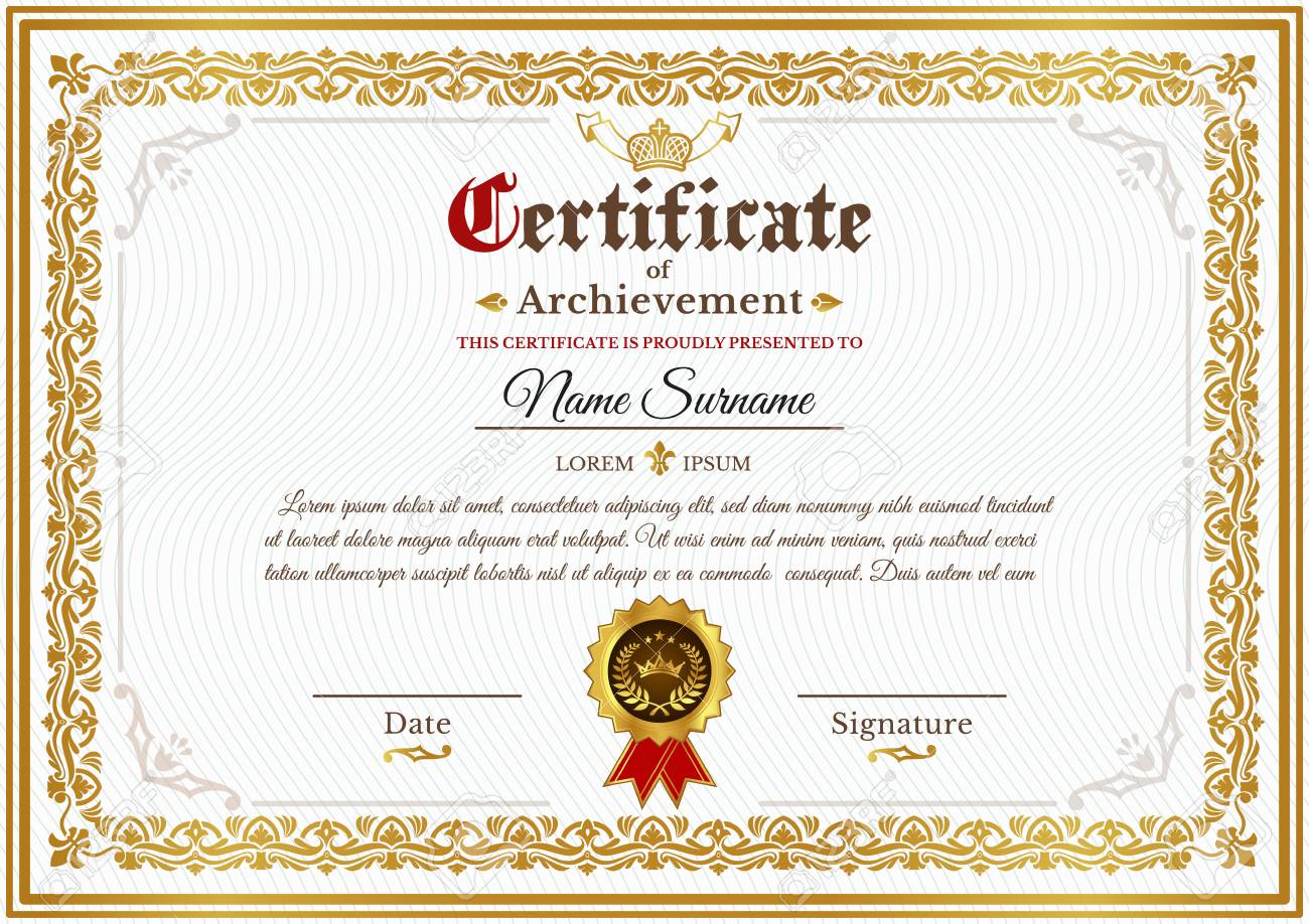 Home 16 Vector certificate template on awarding, design of certificate with golden vintage ornament on the contour and badge